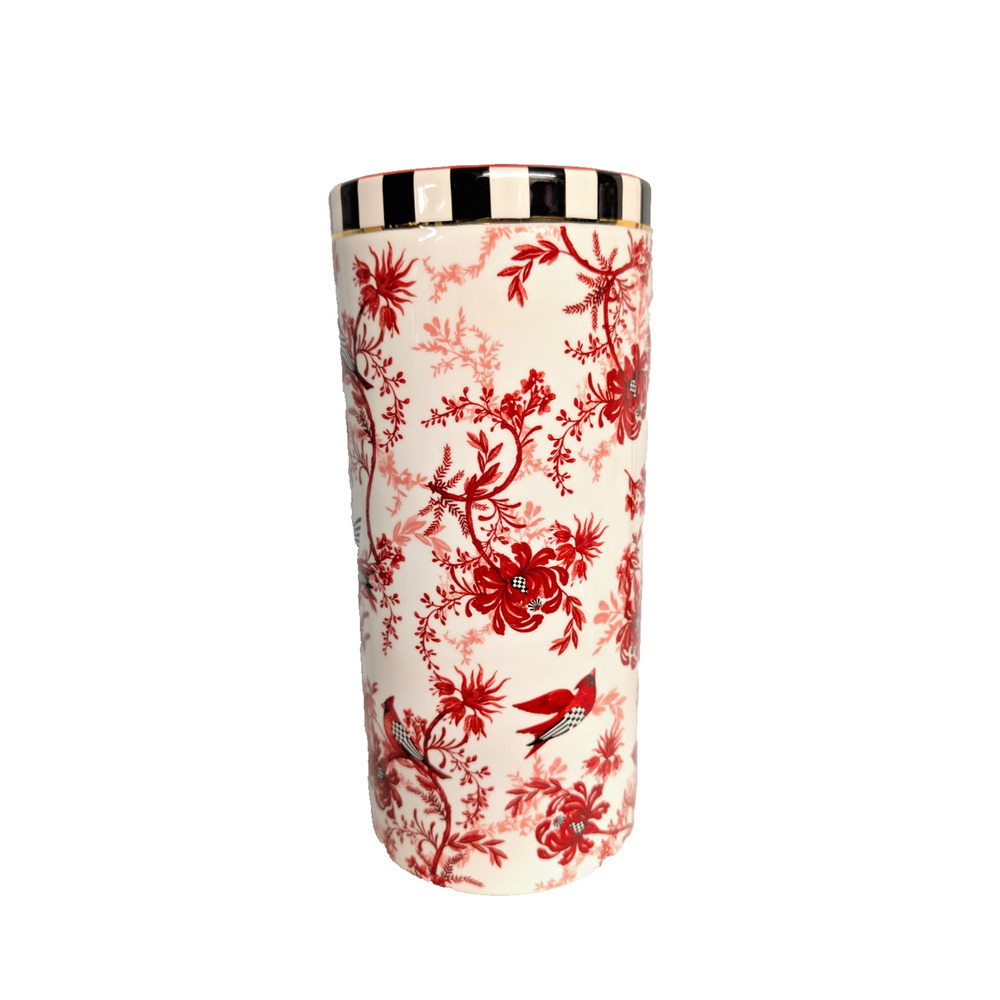 Mackenzie-Childs Red Cardinal Toile Tall Vase 11.75" Ceramic - Picture 2 of 5